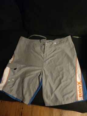 Hurley Int'l Light Gray & BlueBoard Shorts with Orange Trim, Size 38 XL